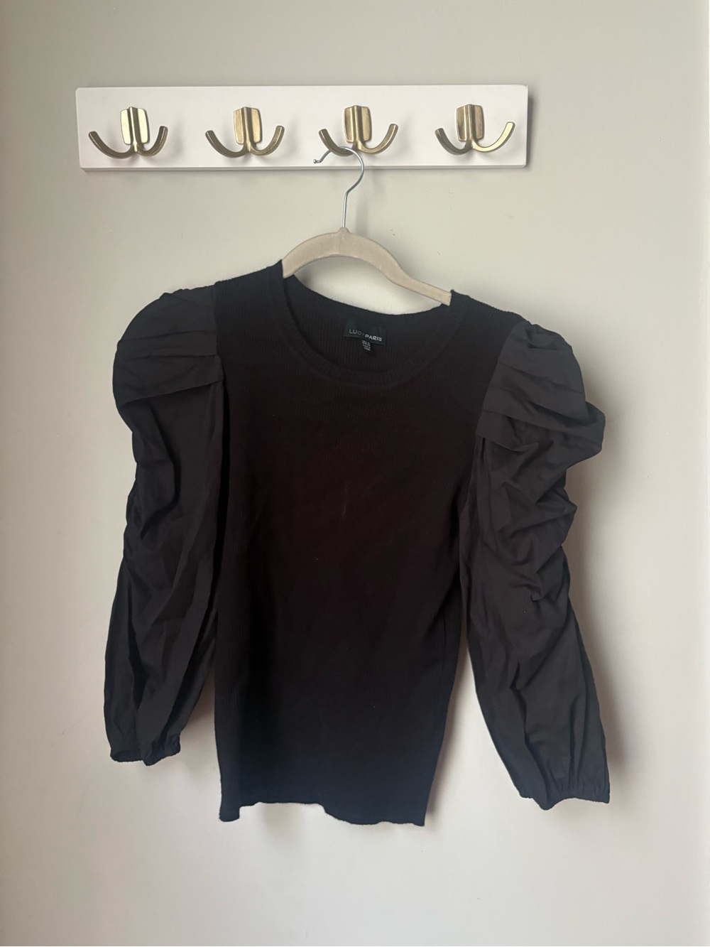 LOFT Black Puff-Sleeve Ribbed Long Sleeve Top
